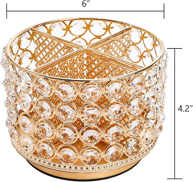 Hedume Crystal Vanity Organizer with 4 Compartments, 360 Degree Rotating Makeup Brush Holder, 4-Slot Glitter Gold Spinning Cosmetic Brushes Display Multi-Functional Desk Organizer Home Decor