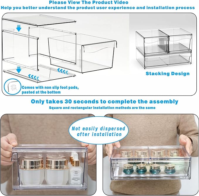 6 Pack Clear Stackable Storage Drawers,12"W Large Bathroom Makeup Organizer and Pen,Sunglass,Medicine,Baby Bottle Organizer,Plastic Pull Out Storage Bins for Desk,Under Cabinets,Vanity Countertop