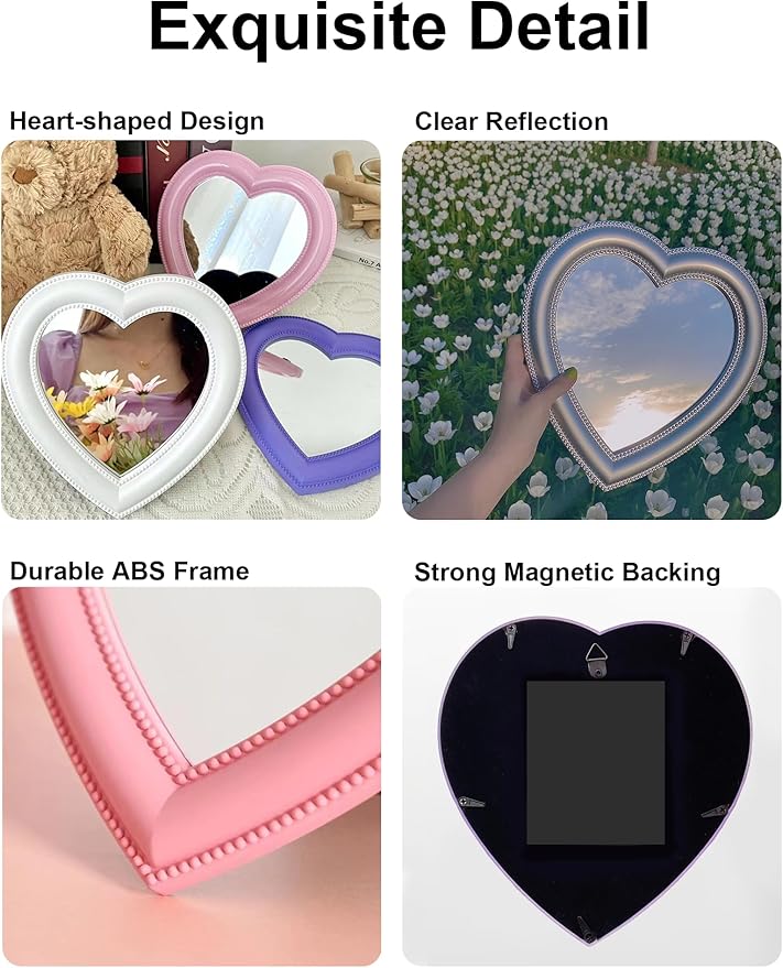 Heart Magnetic Locker Mirror for Girls, 6.9"x7.3" Real Glass Mirror Magnetic for School Locker, Locker Accessories Makeup Mirror for Bathroom Fridge Office Cabinet Gym (White)