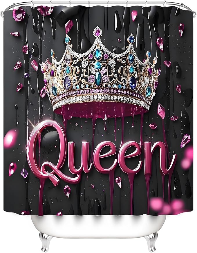 AZHM Pink Crown Print Shower Curtain Set 4 PCS Glitter Crystal Bathroom Decor with Shower Curtain and Rugs