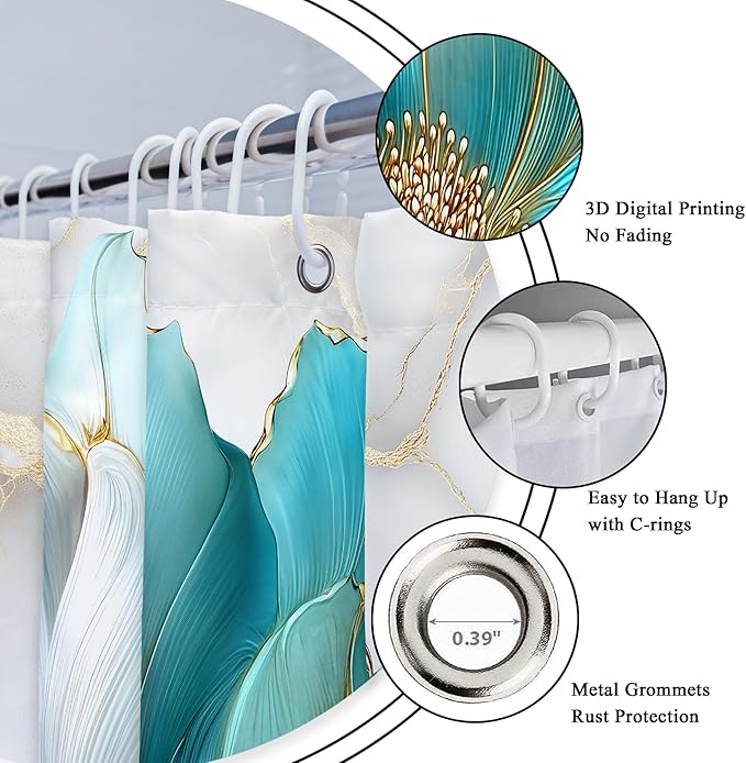 Riyidecor Teal Gold Marble Floral Shower Curtain for Bathroom Decor 72Wx78H Abstract Turquoise Golden Ombre Flower Luxury Modern Simple Art Printed Fabric Polyester Waterproof 12 Pack Plastic Hooks