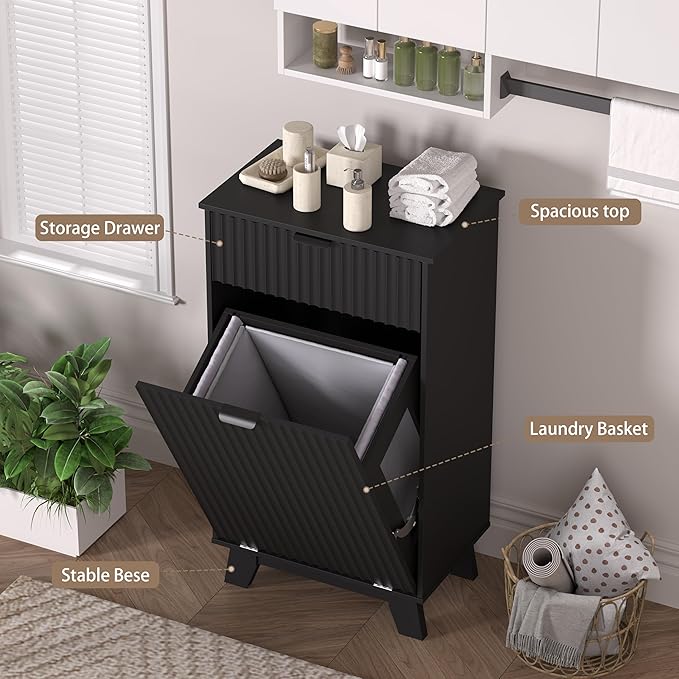 Wodeer Tilt Out Laundry Hamper Cabinet with Storage and Drawer, 10 Gallon Fluted Hidden Trash Can Cabinet, Farmhouse Wood Laundry Basket Cabinets for Bathroom, Kitchen, Black