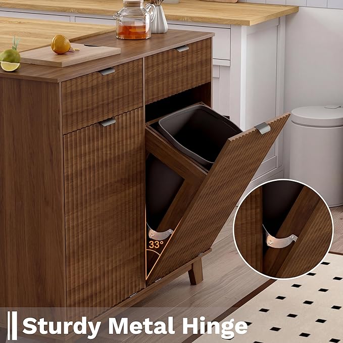 Double Tilt Out Laundry Hamper Cabinet, 20 Gallon Wooden Trash Can Cabinet with Storage Drawers, Hidden Fluted Garbage Can Holder for Kitchen, Living Room (Walnut Wood, 39.34"W x 35.83"H x 13"D)