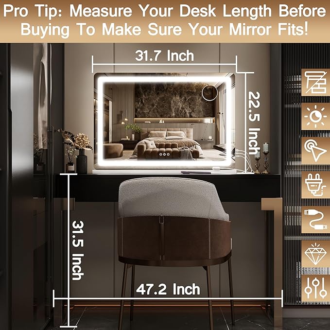 22" x32" Vanity Mirror with Lights, LED Makeup Mirror with Lights, Large Vanity Mirror with 360°Rotation, 3 Color Modes ＆ Dimmable, Light up Makeup Mirror for Vanity Desk, Travel, White