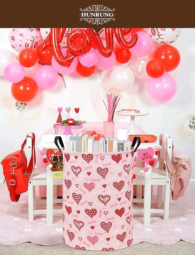 HUNRUNG Laundry Hamper,Large Canvas Fabric Lightweight Storage Basket Toy Organizer Dirty Clothes Collapsible Waterproof for College Dorms???Round-Pink Love Heart???