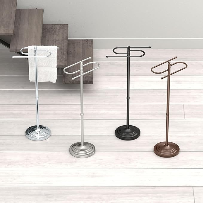 Gatco 1506, Modern Round Base Floor Standing S Style Towel Holder, Satin Nickel / 38" H Freestanding Hand Bath Towel Stand for Bathroom
