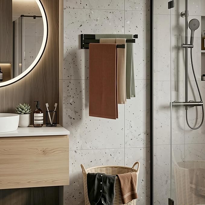 Swing Towel Holder Rack Matte Black, Wall Mounted Towel Bar Swivel with 3-Arm for Bathroom Kitchen Storage