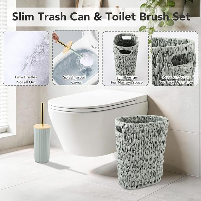Bathroom Accessory Set, 10 Pieces Bath Set- Wicker Trash Can Tissue Box Soap Dish Toothbrush Holder Rinse Cup Lotion Bottle Toilet Brush Qtip Holder - Practical Bathroom Decor Sets (Green, Bath Set)