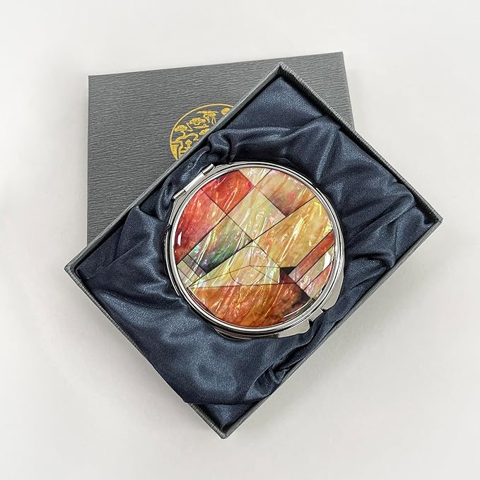 Portable Makeup Compact Double Magnifying Mirror Cosmestic Foldable Pocket Style Unique Mother of Pearl Design (Patchwork)