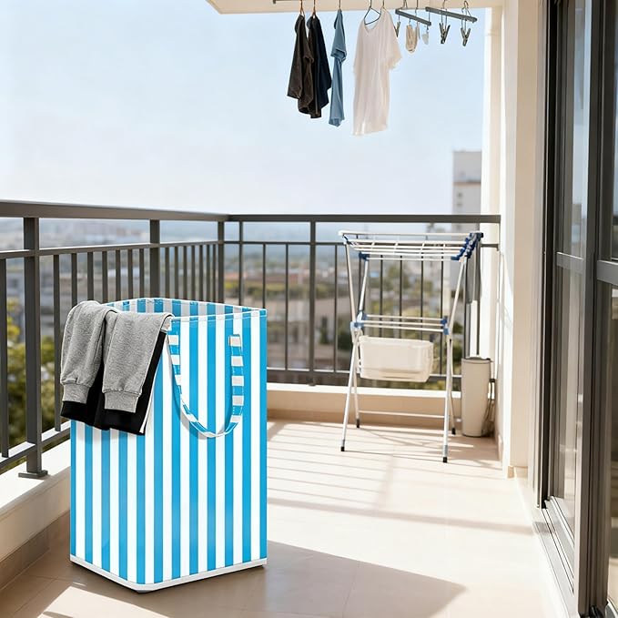 Large Laundry Basket ，75L Waterproof,Collapsible Laundry Hamper with Extended Handles for Clothes in the Family Dorm (Vertical Stripe Green，Blue，Grey，Pink)