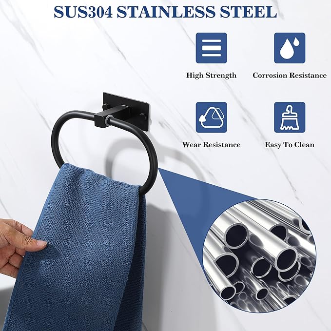 Alise Hand Towel Holder Towel Ring for Bathroom Lavatory Self-Adhesive,SUS304 Stainless Steel Towel Rack Towel Bar Towel Hanger for Walls,Black,Pack of 2