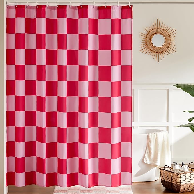 Checkered Shower Curtain, Doule Pink Plaid Shower Curtains for Bathroom, Cute Retro Checkboard Shower Curtain Vintage Aesthetic, Washable Fabric Bath Curtain 72''x72''