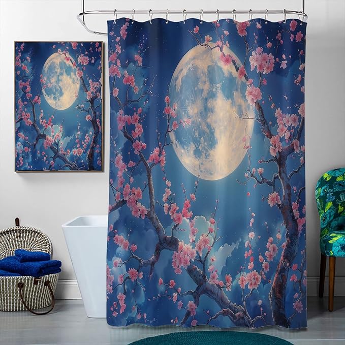 Cherry Blossoms Shower Curtain Set with Rug, Toilet Lid Cover and Bath Mat, Night Sky Moon Japanese Anime Bathroom Decor Sets Accessories with 12 Hooks