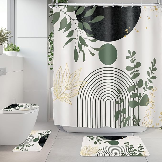 Riyidecor Boho Dark Green 4Pcs Bathroom Shower Curtain Sets Mid Century Abstract Modern Minimalist Bathroom Decor Set with Rugs and Accessories Leaf Toilet Lid Rug, Contour and Bath Mat with 12 Hooks