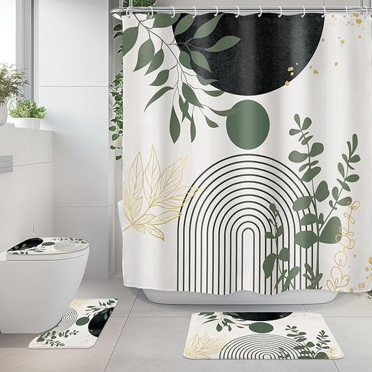 Riyidecor Boho Dark Green 4Pcs Bathroom Shower Curtain Sets Mid Century Abstract Modern Minimalist Bathroom Decor Set with Rugs and Accessories Leaf Toilet Lid Rug, Contour and Bath Mat with 12 Hooks
