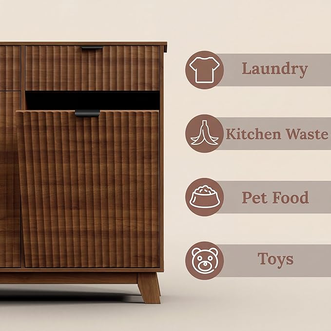 Double Tilt Out Laundry Hamper Cabinet, 20 Gallon Wooden Trash Can Cabinet with Storage Drawers, Hidden Fluted Garbage Can Holder for Kitchen, Living Room (Walnut Wood, 39.34"W x 35.83"H x 13"D)