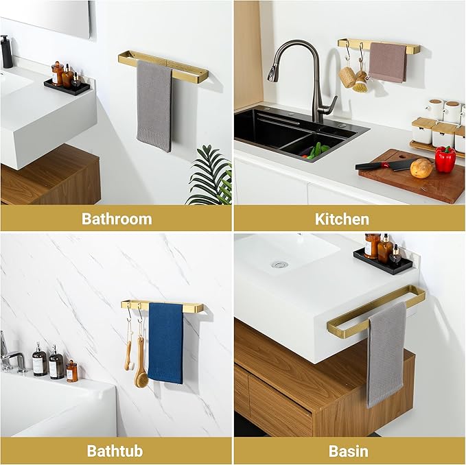 SAYAYO Brushed Gold Hand Towel Holder for Bathroom Wall, 12 Inch Self Adhesive Towel Bar Hand Towel Rack Square Heavy Duty