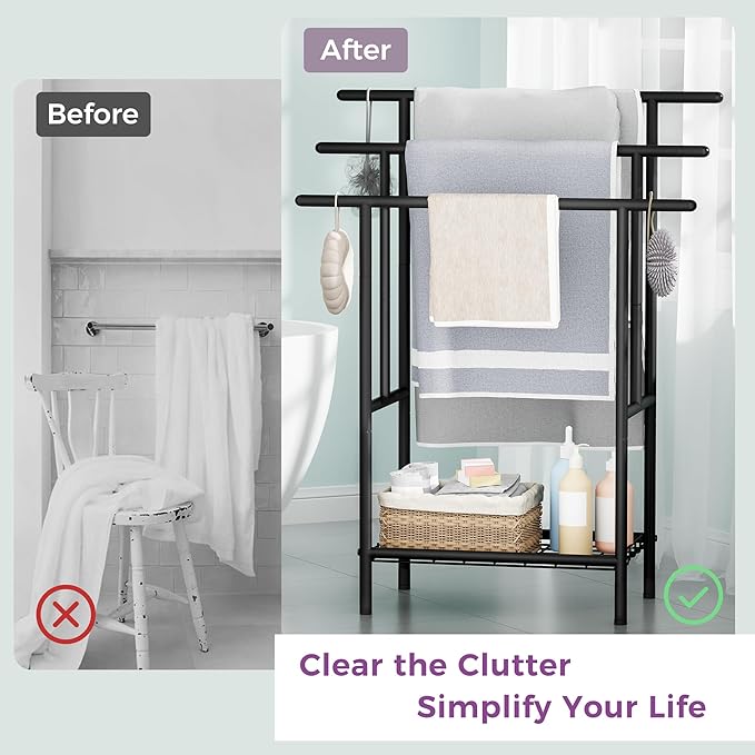 Free Standing Towel Racks for Bathroom, 3-Layer Towel Drying Rack with Storage Rack, Black Metal Pool Towel Rack Outdoor, 12" W x 25.8" L x 39.4" H, UXJMJ002B