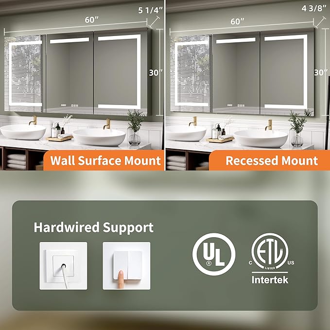 LED Medicine Cabinet Mirror, 60x30 Inch Bathroom Storage, Recessed/Wall Mount, Plug-in/Hardwired, 3 Color Dimmable Light, Anti-Fog, Time Temp Display