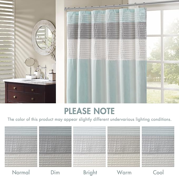 Madison Park Amherst Bathroom Shower Curtain Faux Silk Pieced Striped Modern Microfiber Bath Curtains, 72x84 Inches, Aqua