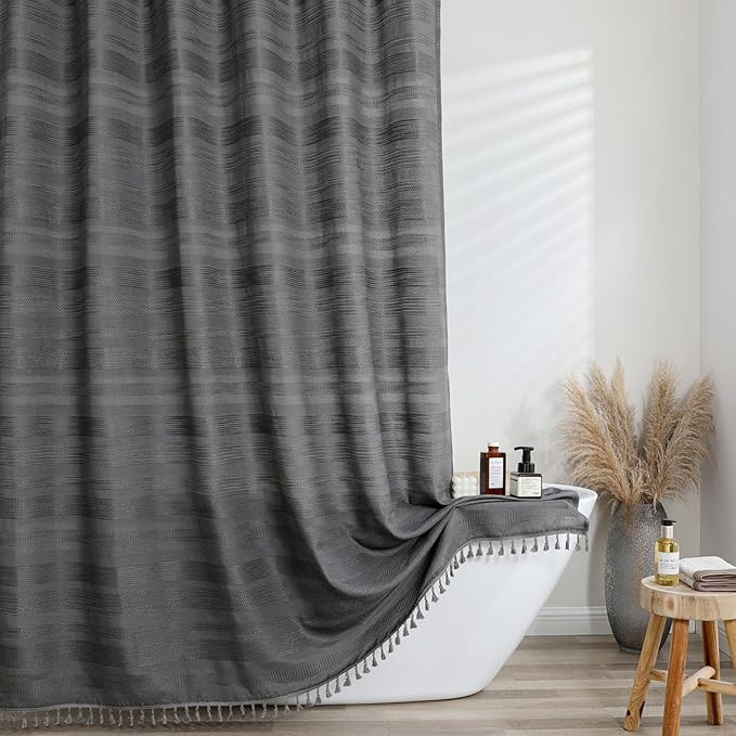 OVZME Charcoal Grey Shower Curtain 78 Inch Long, Boho Farmhouse Thick Striped Fabric Hotel Shower Curtain with Tassel, Minimalist Textured Weighted Machine Washable Bathroom Decor, 72Wx78L Inches