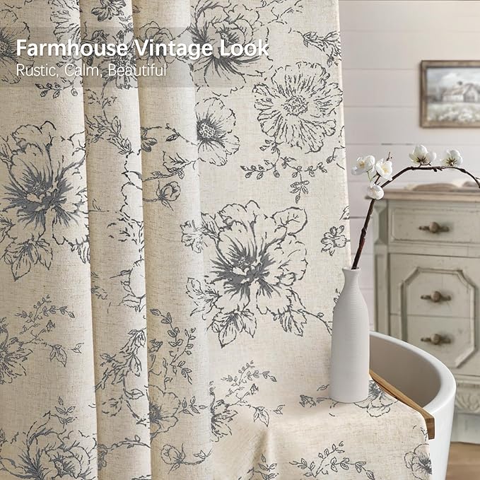 Farmhouse Floral Linen Shower Curtain, Vintage Grey Pattern Rustic Shower Curtains for Bathroom, Dark Gray,72x72