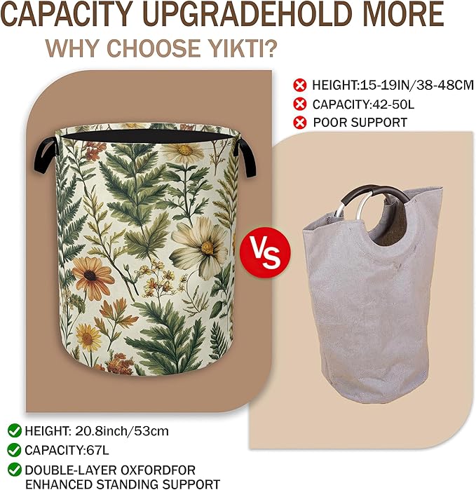Laundry Hamper,Green Herb Leaf Laundry Basket,Farmhouse Wildflower Portable Collapsible Laundry Room Organization Storage for Dorm Room,Nursery,Bathroom,Bedroom,16x20 Inch