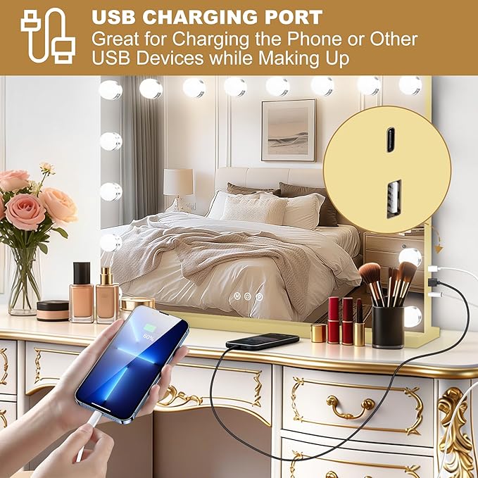 Moonee Gold Vanity Mirror with Lights, Hollywood Lighted Makeup Mirror with 17 Dimmable Bulbs and 10X Magnification, 3 Colors Modes, Aluminum Metal Frame, Light Up Mirror for Tabletop/Wall（26" x 20"）