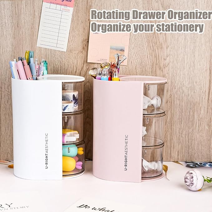 WCHOSOZH 3-Tier Clear Hair Accessories Organizer with Hair Brushes Holder, Rotatable Drawer Makeup Sponge Holder Desktop Organizer Case for Makeup Brush Lipsticks Q-tip Cotton Swab Stationery (White)