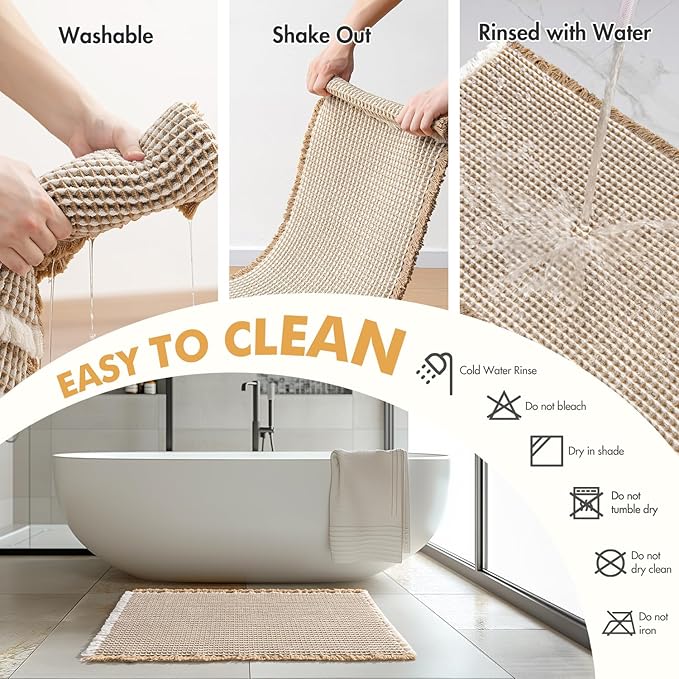 MIULEE Set of 2 Waffle Bathroom Rugs, Boho Bath Rugs Non Slip Washable, Super Absorbent Bath Mats, Ultra Soft Rubber Backed Shower Mats for Bathroom Floor, Tub, Brown & White, 17"x24"+20"x47"