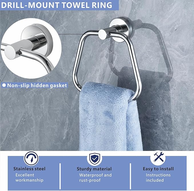 Bath Towel Ring, Bathroom Hardware Towel Holder, Chrome Towel Ring for Bathroom, Modern Trapezoid Wall Mounted Towel Hanger, 304 Stainless Steel (Chrome)
