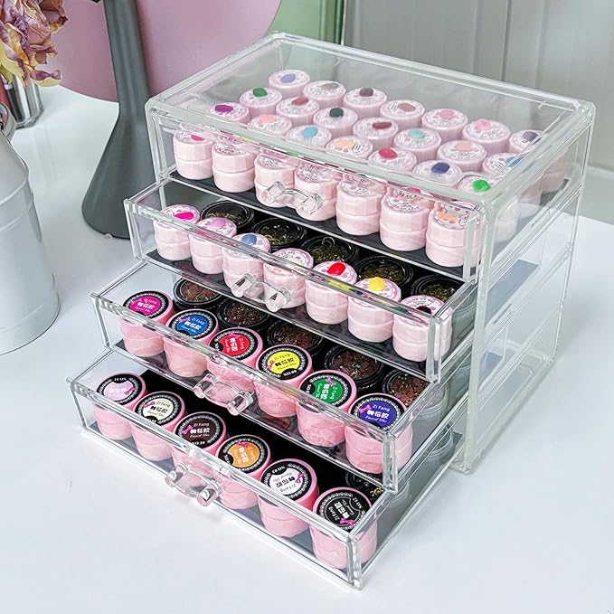 4 Tier Nail Art Decoration Storage Box，Acrylic Make Up&Jewelry Organizer with Drawers, Cosmetic Storage for Dresser Countertop and Bathroom，Transparent Acrylic Nail Art Jewelry Accessories
