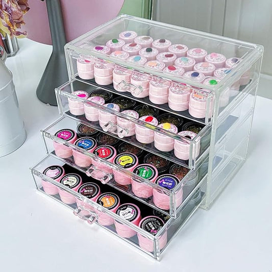4 Tier Nail Art Decoration Storage Box，Acrylic Make Up&Jewelry Organizer with Drawers, Cosmetic Storage for Dresser Countertop and Bathroom，Transparent Acrylic Nail Art Jewelry Accessories