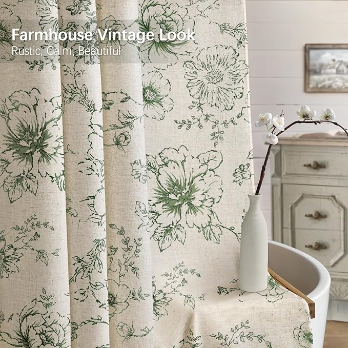 Farmhouse Floral Linen Shower Curtain, Vintage Green Spring Pattern Rustic Shower Curtains for Bathroom, Tan Taupe,72x72