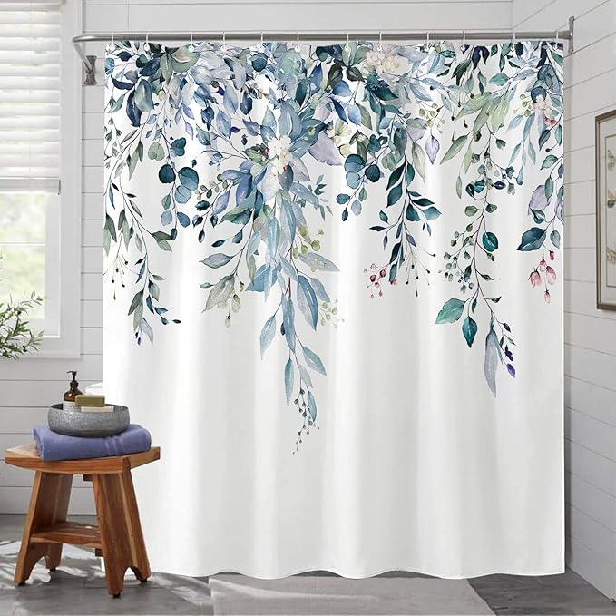 kampdream Teal Blue Plant Shower Curtain, Watercolor Eucalyptus Leaves On The Top Botanical Bathroom Shower Curtain 72 ×72 Inch