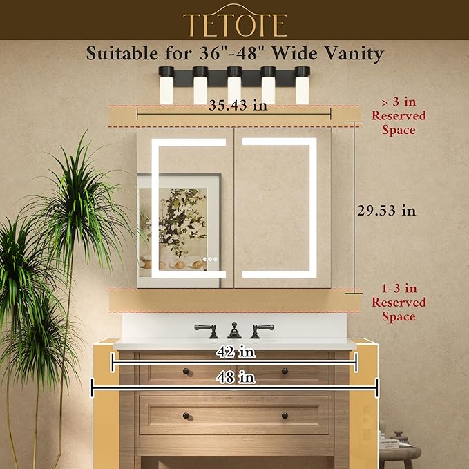 TETOTE LED Lighted Bathroom Medicine Cabinet Mirror with Lights 36 x 30 Recessed or Wall Mounted Cabinet with 2 Door, Tempered Glass, Outlets & USB, 3-Color Stepless Dimming, Defog, Adjustable Shelf