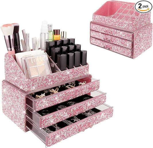 KEYPOWER Makeup Organizers Drawer Bling Diamond,Fashion Countertop Jewelry Cosmetic Storage Display Boxes,Makeup Brush Holder, Cosmetic Holder,2 Pieces Set(Purely Handmade)(Pink)