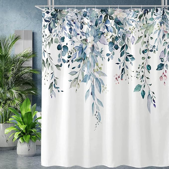 kampdream Teal Blue Plant Shower Curtain, Watercolor Eucalyptus Leaves On The Top Botanical Bathroom Shower Curtain 72 ×72 Inch