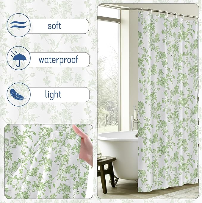 Seorsok Green Shower Curtain,Sage Floral Cotton Linen Cottagecore,Elegant Floral Fabric Shower Curtain Machine Washable Waterproof Bathroom Decor 72'Wx72'L inches