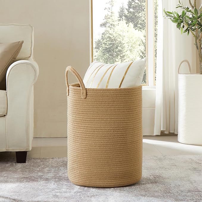 15Dx20H inches Jute Woven Hamper Laundry Basket Wicker Rope Clothes Hamper for Baby Nursery Kids Tall Rattan Blanket Basket in Living Room Bedroom 62L Large Capacity