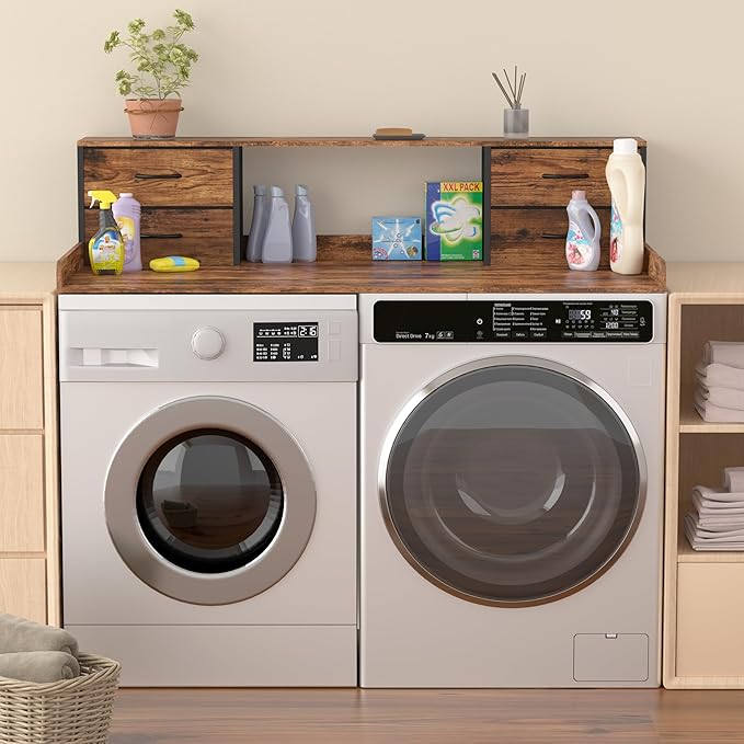 Unionly Washer and Dryer Countertop, 27.5" D x 53.9" W x 12.9" H Solid Wood Washer Dryer Countertop with Organizer Shelves with Four Drawers for Laundry Room Organization (Rustic Brown)