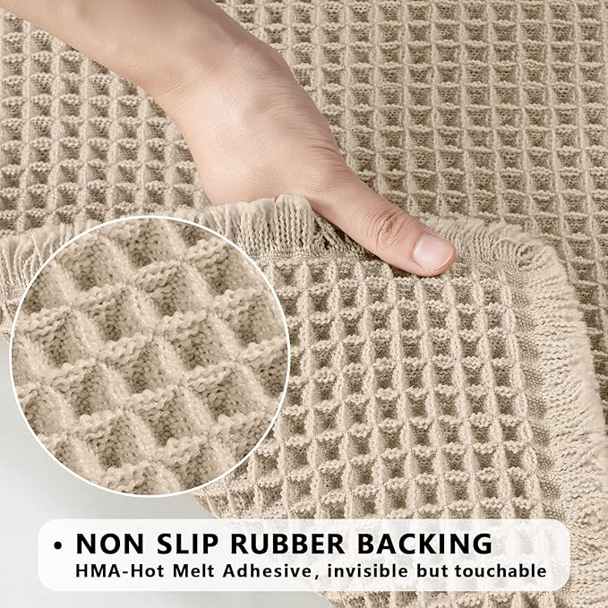 MIULEE Set of 2 Waffle Bathroom Rugs, Boho Bath Rugs Non Slip Washable, Super Absorbent Bath Mats, Ultra Soft Rubber Backed Shower Mats for Bathroom Floor, Tub and Shower, Pale Beige, 18x30 Inch