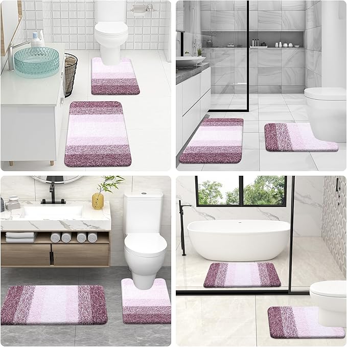 OLANLY Bathroom Rugs Sets 3 Piece, Soft Absorbent Microfiber Bath Mats and U-Shaped Contour Toilet Rug, Plush Shaggy Bath Mat Set for Bathroom (36"x24"+24"x16"+24"x20", Mauve)