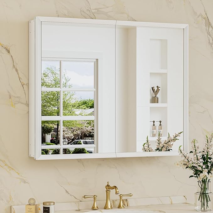 TokeShimi 30 x 26 White Recessed Medicine Cabinet with Mirror, Assembly Required, Bathroom Medicine Cabinet with Mirror, Stepless Adjustable Shelves, Beveled Aluminum Frame, DTC Hinge