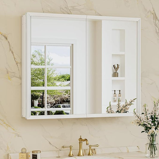 TokeShimi 30 x 26 White Recessed Medicine Cabinet with Mirror, Assembly Required, Bathroom Medicine Cabinet with Mirror, Stepless Adjustable Shelves, Beveled Aluminum Frame, DTC Hinge