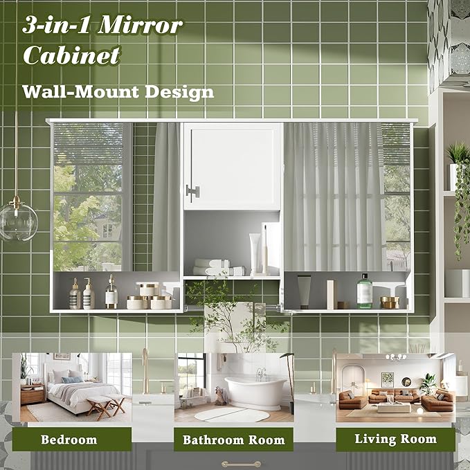 Merax Medicine Cabinet for Bathroom, Wall Mount Bathroom Cabinet with Mirror, Open Shelf, and Towel Bar, 55" W x 28.7" H Over The Toilet Mirrored Bath Wall Cabinet