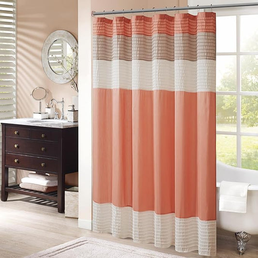 Madison Park Amherst Bathroom Shower Curtain Faux Silk Pieced Striped Modern Microfiber Bath Curtains, 72x84 Inches, Coral