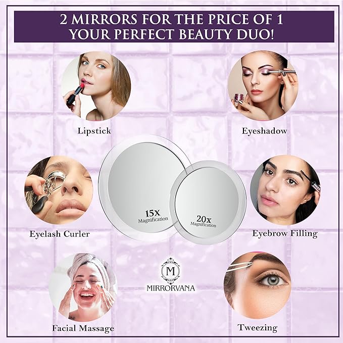 MIRRORVANA 20X & 15X Magnifying Mirror Set with 3 Suction Cups Each - Compact & Travel Ready Mirror for Makeup - Sizes: 6" and 4" Wide