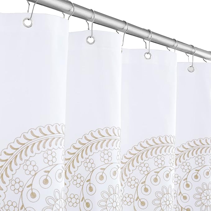 Jubilantex Tan and White Embroidered Shower Curtain for Bathroom, Farmhouse Boho Floral Fabric White and Beige/Ivory/Taupe/Cream Decorative Waterproof Rustic Bath Curtain for Spa Hotel, 70x72 Inches
