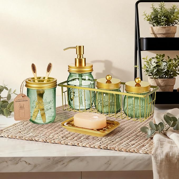 SheeChung Green Bathroom Accessories Set, 6Pcs Mason Jar Glass Bathroom Set, Lotion Soap Dispenser, Toothbrush Holder, Qtip Holder, Soap Dish, Metal Wire Basket, Rustic Farmhouse Bathroom Decor-Gold